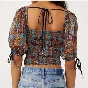 Free People Smocked Floral Puff Sleeve Top